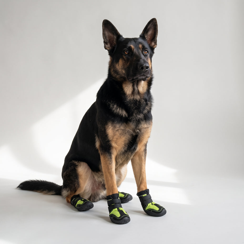Waterproof Dog Shoes with Rugged Soles with a German Shepherd, studio photo