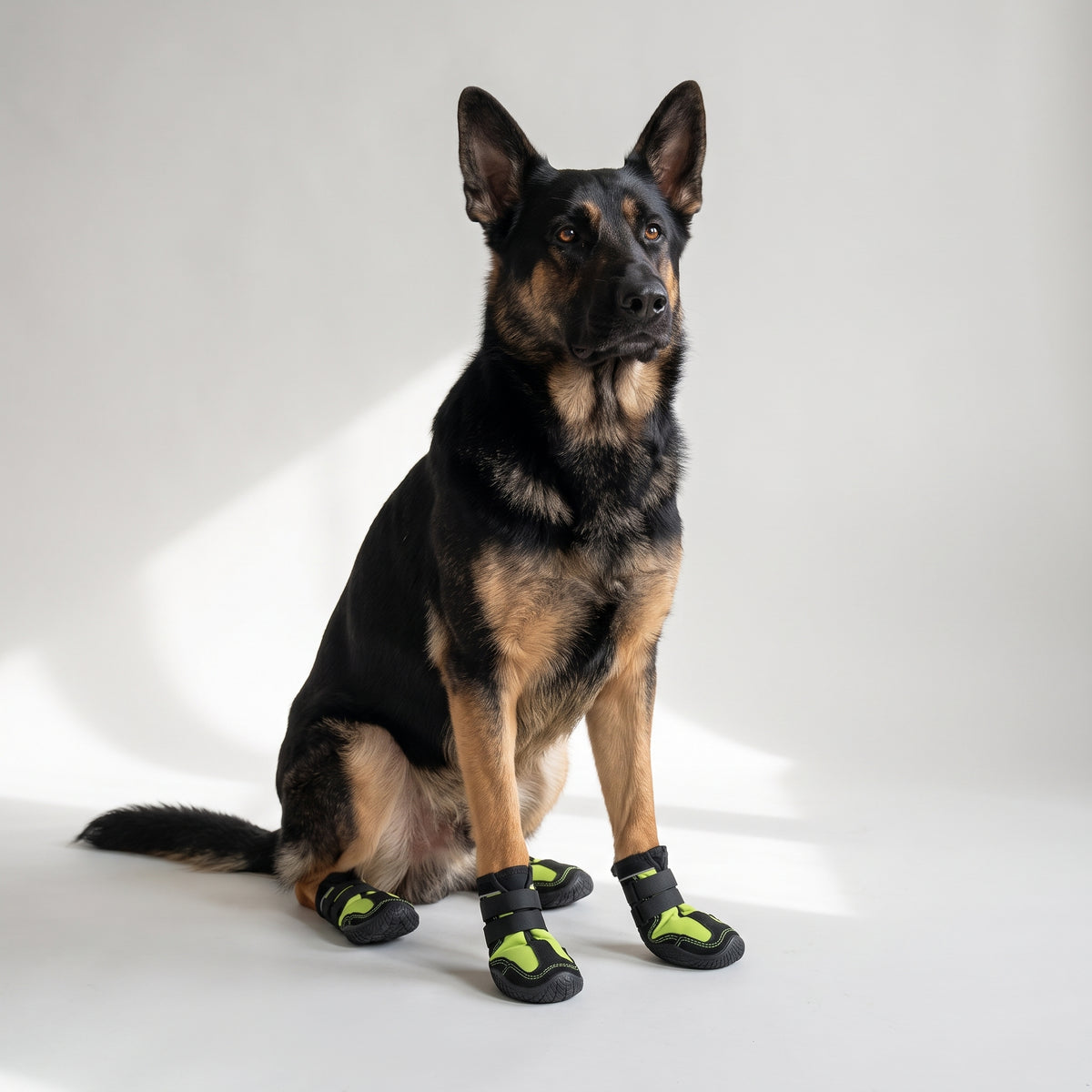 Waterproof Dog Shoes with Rugged Soles with a German Shepherd, studio photo