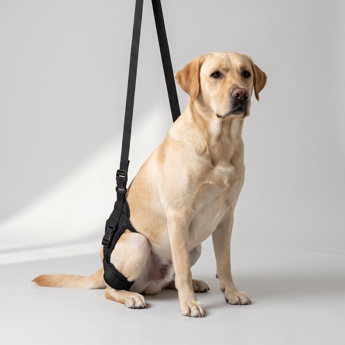 Dog Sling for Back Legs Rear Support with a Labrador, studio photo