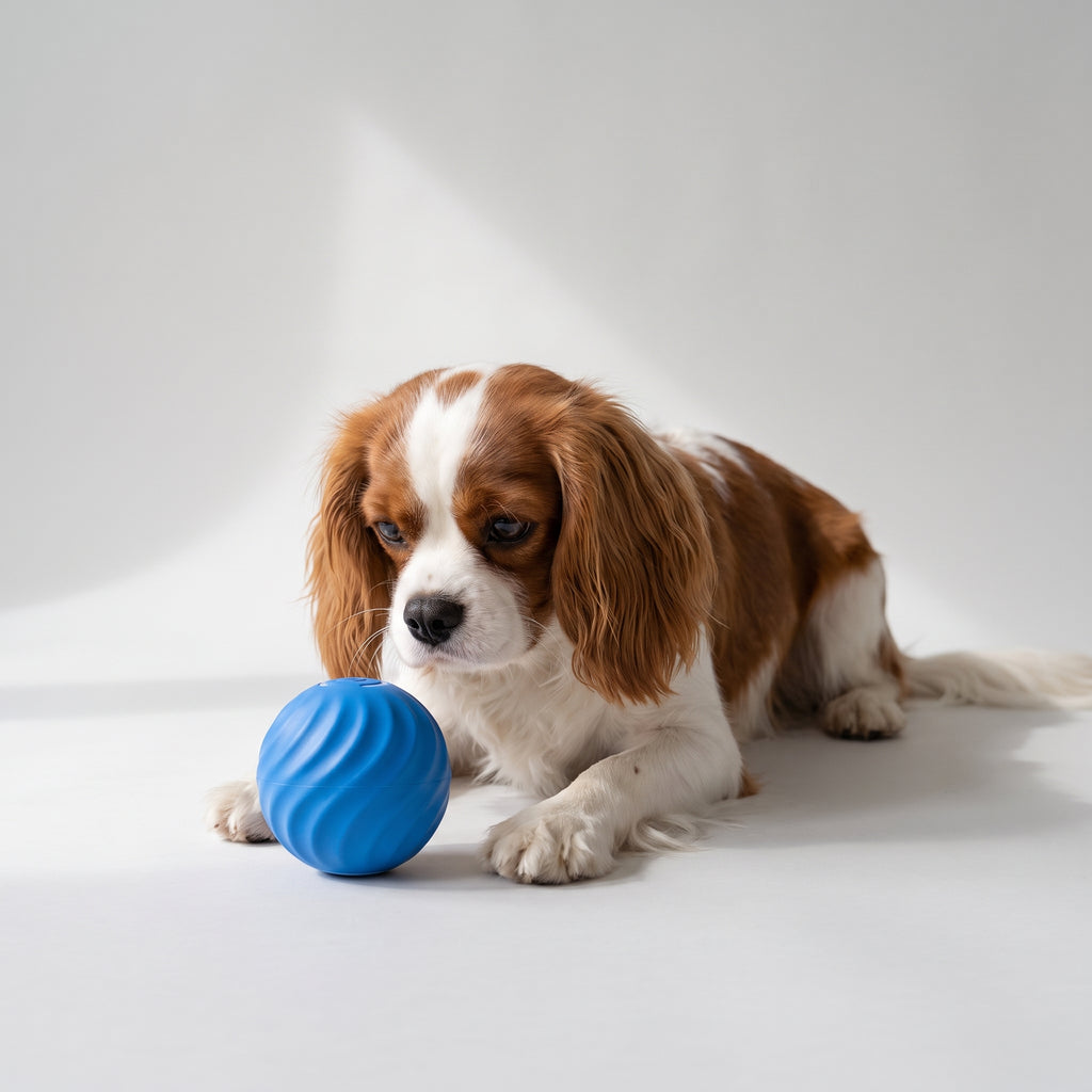 Dog Smart Ball with a Cavalier King Charles, studio photo