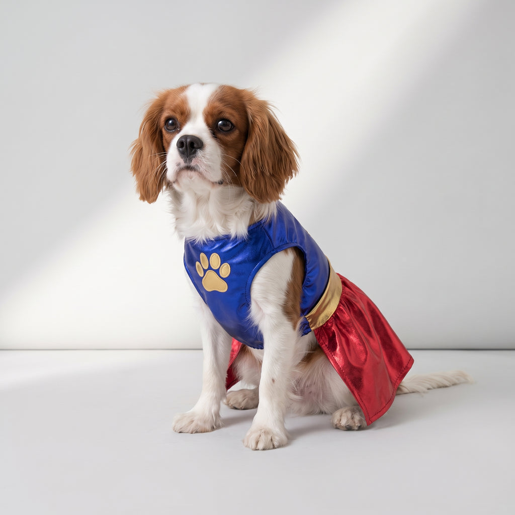 Dog Superhero Costume with a Cavalier King Charles, studio photo