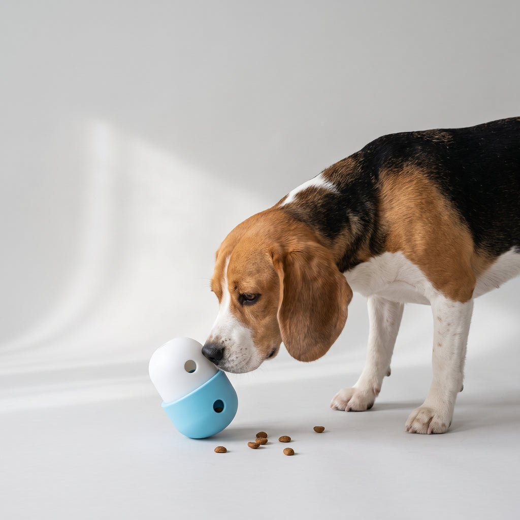 Treat Dispensing Dog Toy in Two Tone Colors with a beagle, studio photo