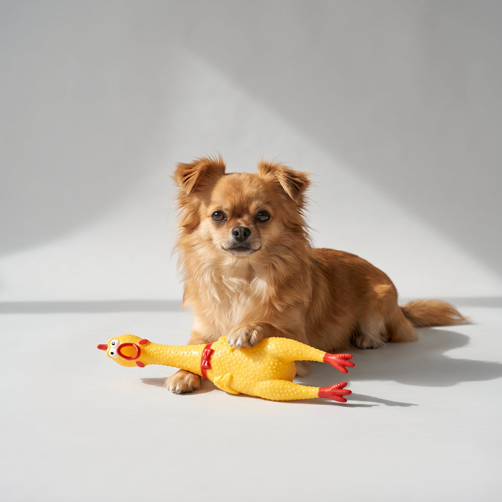 Dog Toys Screaming Chicken Squeeze Sound with a chihuahua, studio photo