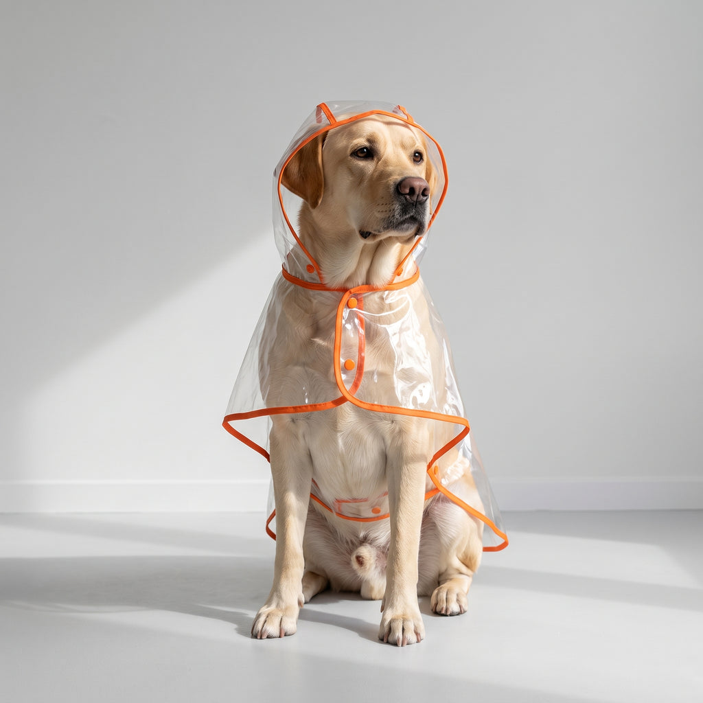 Dog Transparent Raincoat with a Labrador, studio photo