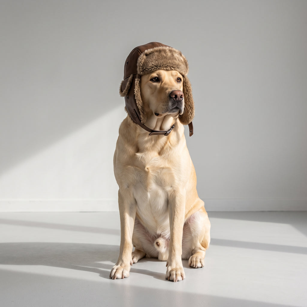 Dog Trapper Hat with a Labrador, studio photo