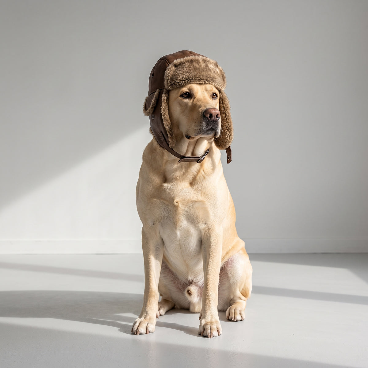 Dog Trapper Hat with a Labrador, studio photo