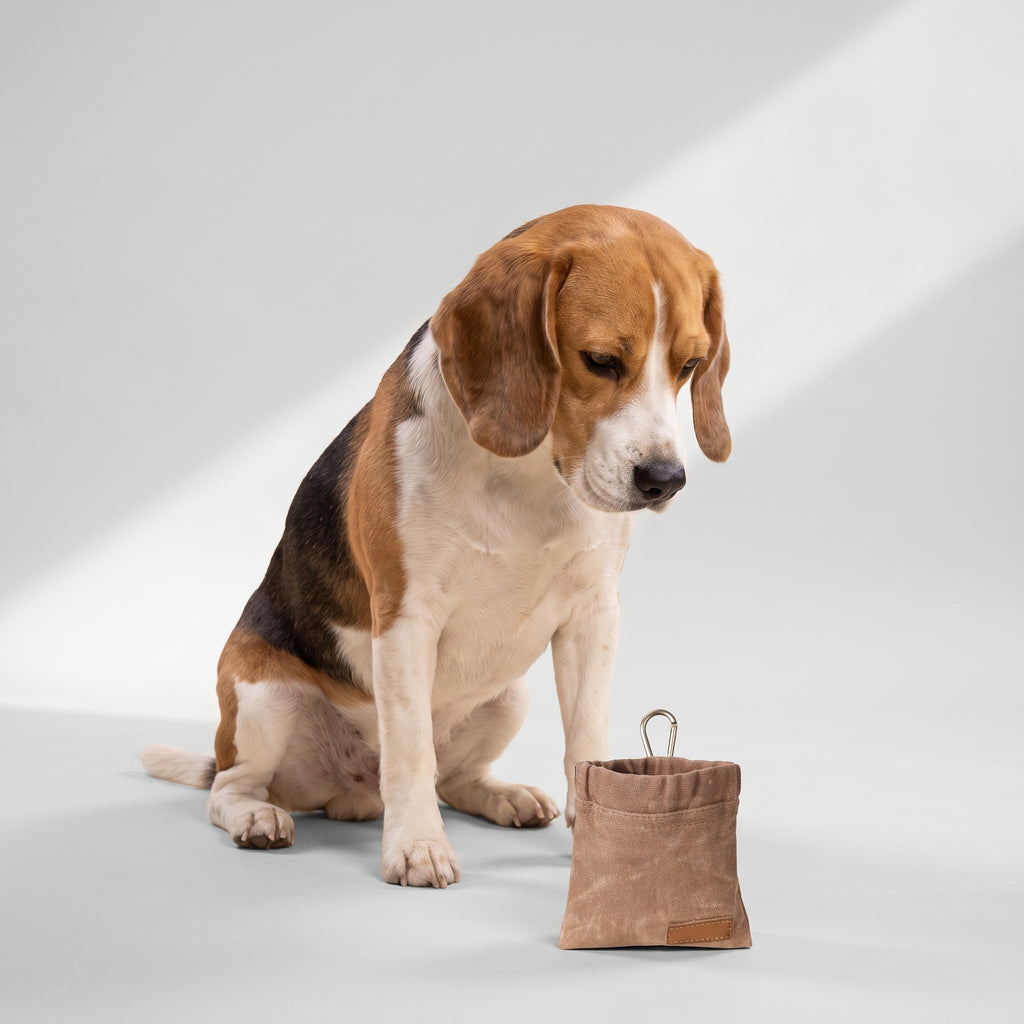Dog Treat Bag for Training Walks with a beagle, studio photo