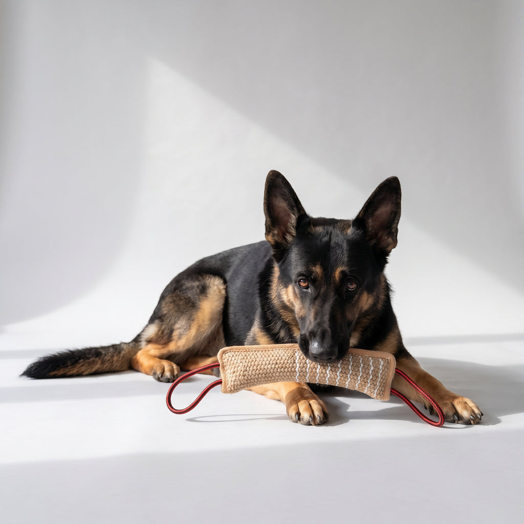 Dog Tug Toy with a German Shepherd, studio photo
