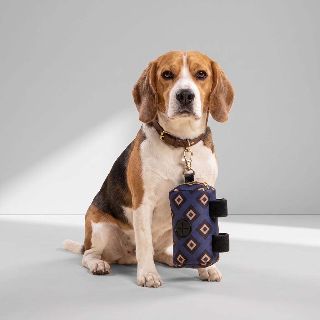 Dog Waste Bag Dispenser with a beagle, studio photo
