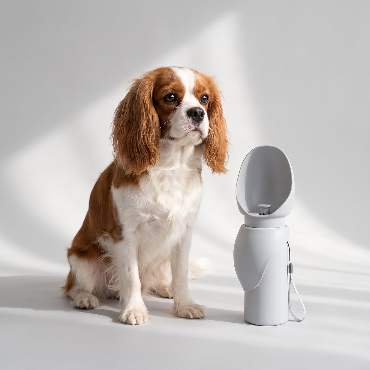 Dog Water Bottle For Walking with a Cavalier King Charles, studio photo