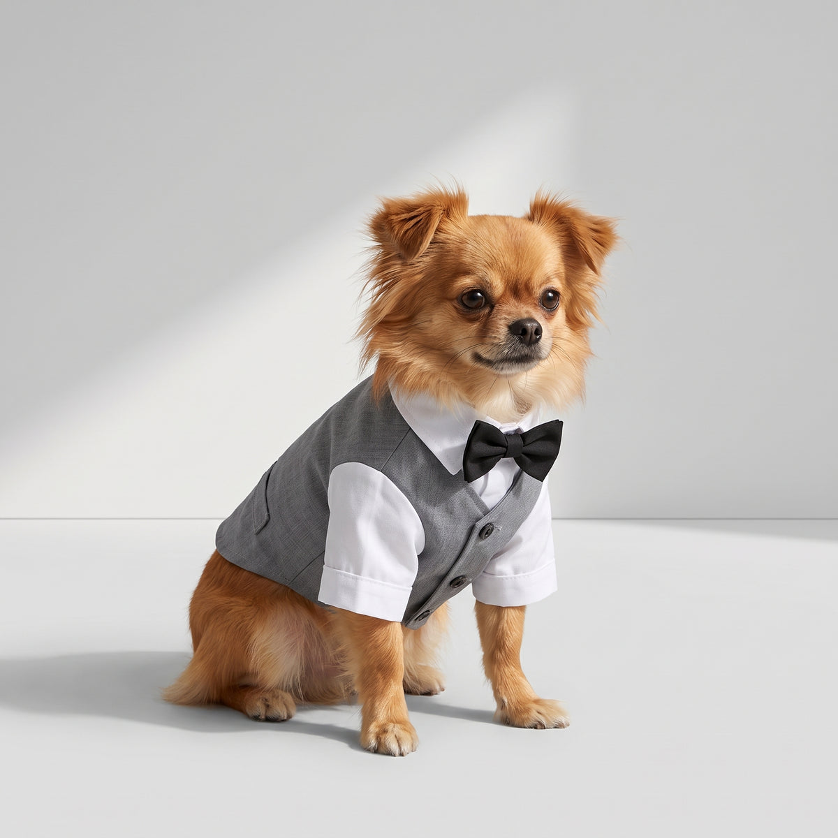 Dog Wedding Outfit with Jumpsuit or Vest with a chihuahua, studio photo