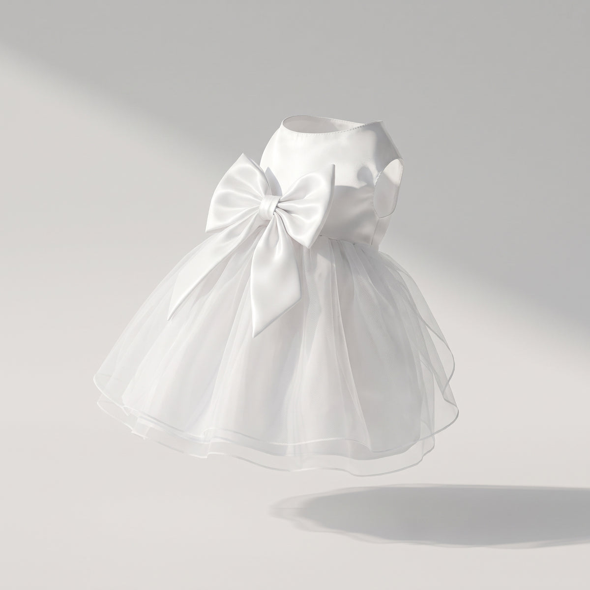 Dog Wedding Dress, studio photo on a light grey background