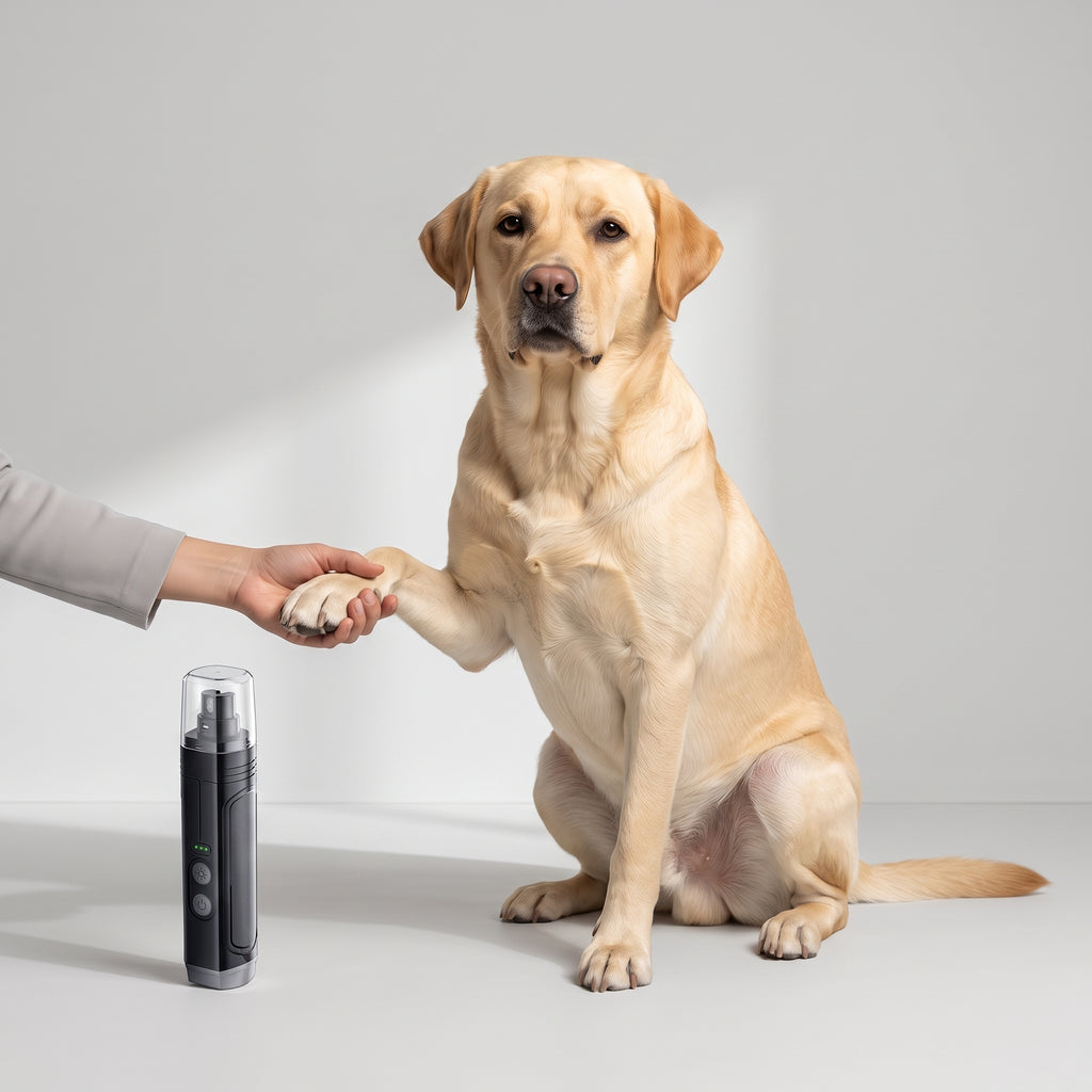 Electric Dog Nail Grinder in Black with a Labrador, studio photo