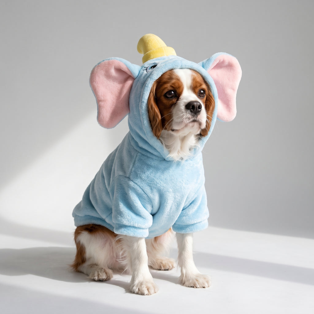 Blue Elephant Dog Costume in XS to XL with a Cavalier King Charles, studio photo