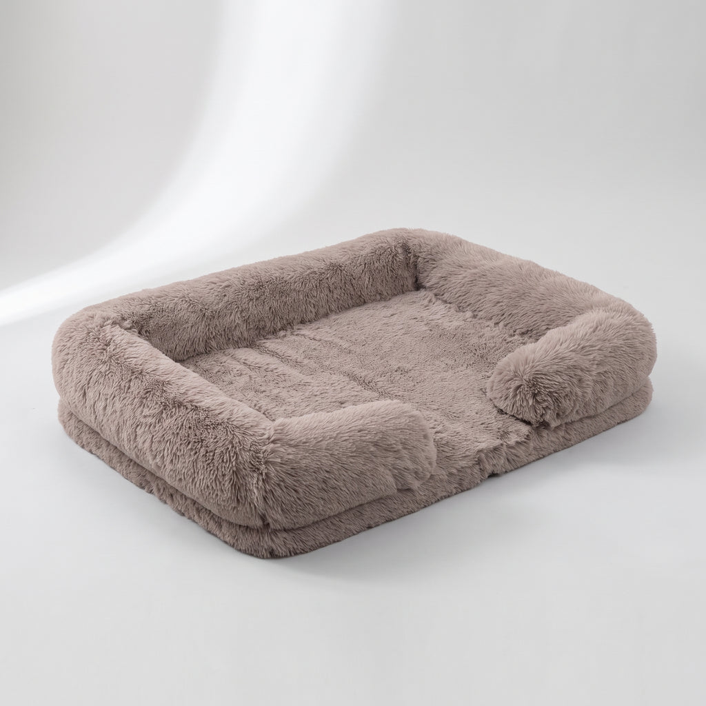 Fluffy Dog Bed, studio photo on a light grey background