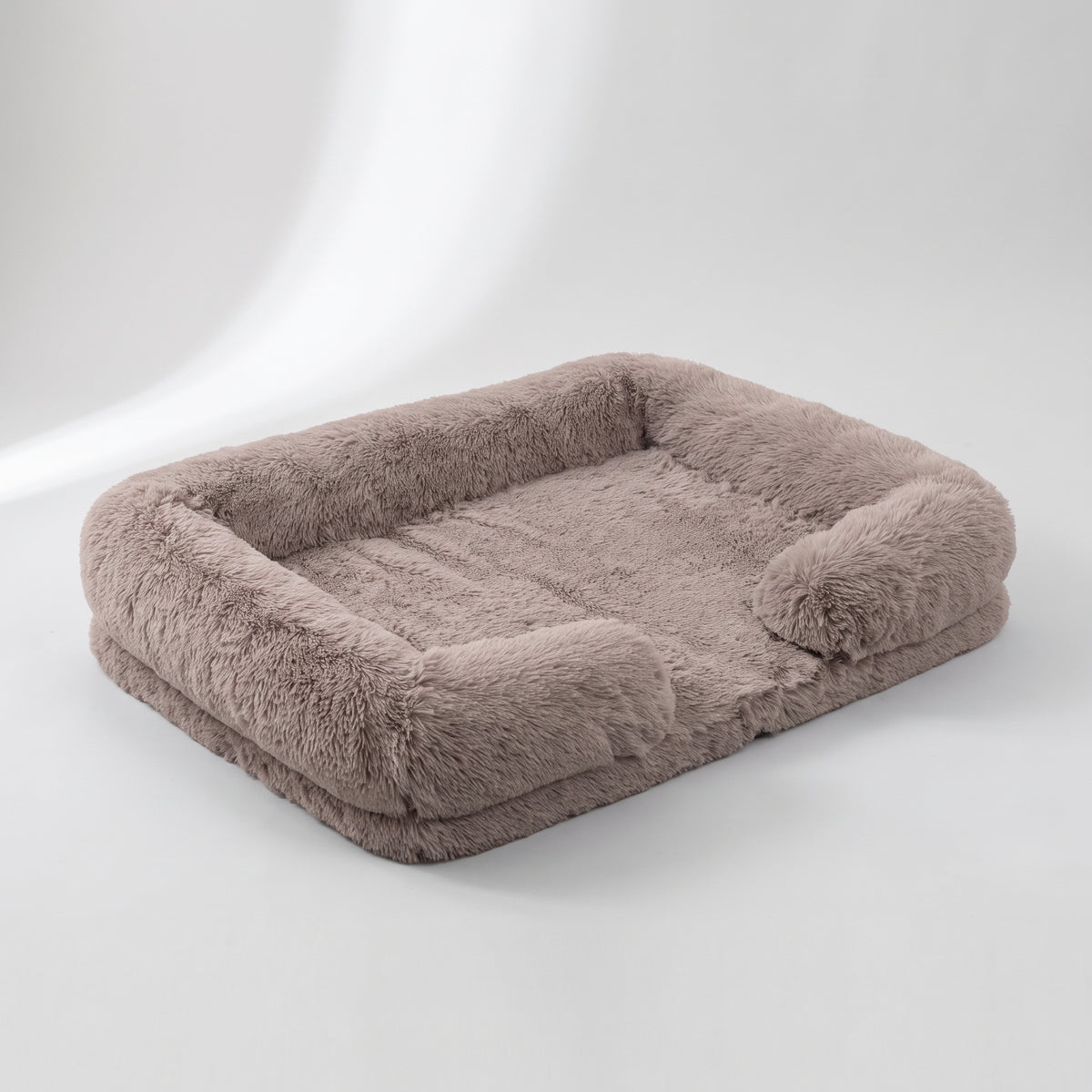 Fluffy Dog Bed, studio photo on a light grey background