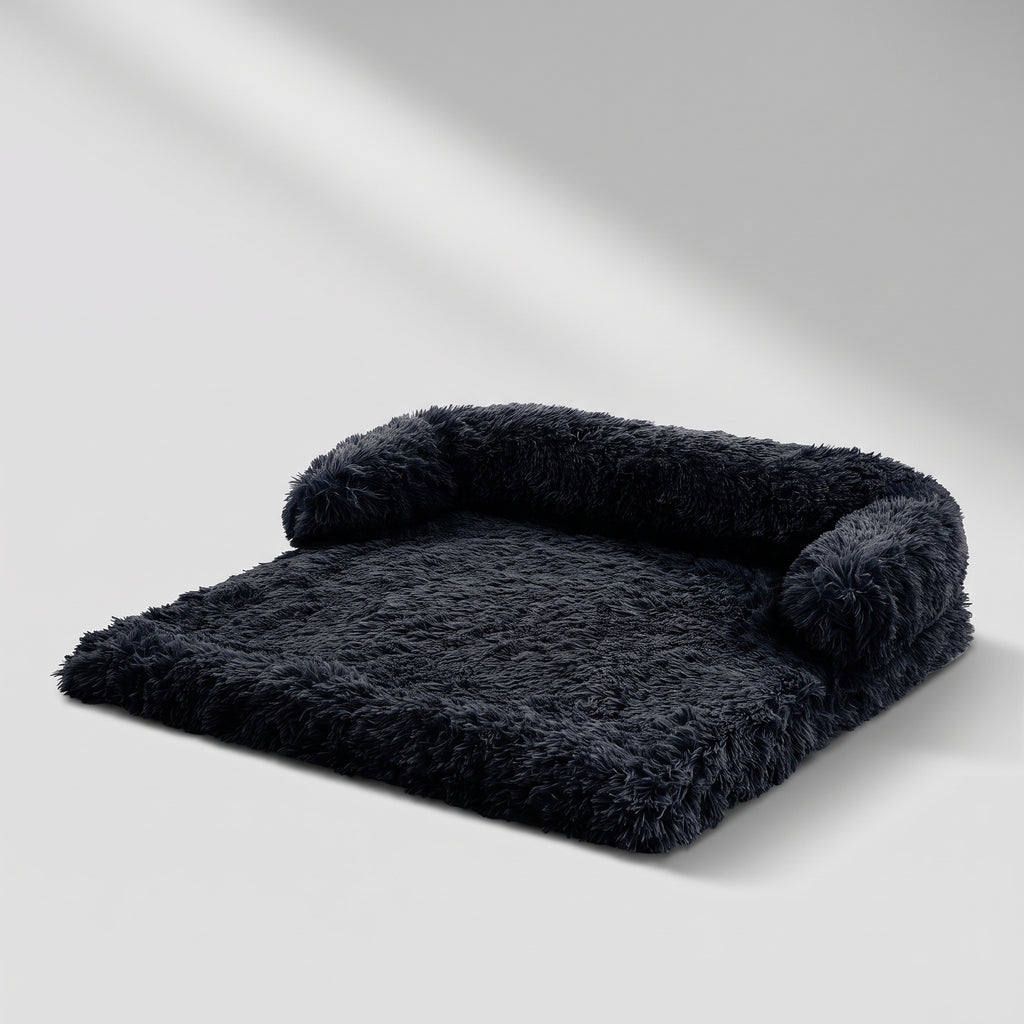 Fluffy Dog Sofa Bed, studio photo on a light grey background