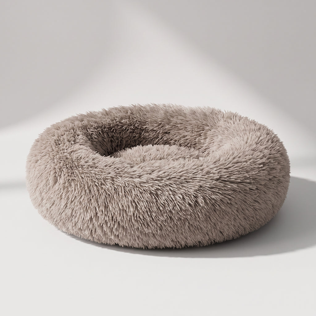 Fluffy Donut Dog Bed, studio photo on a light grey background