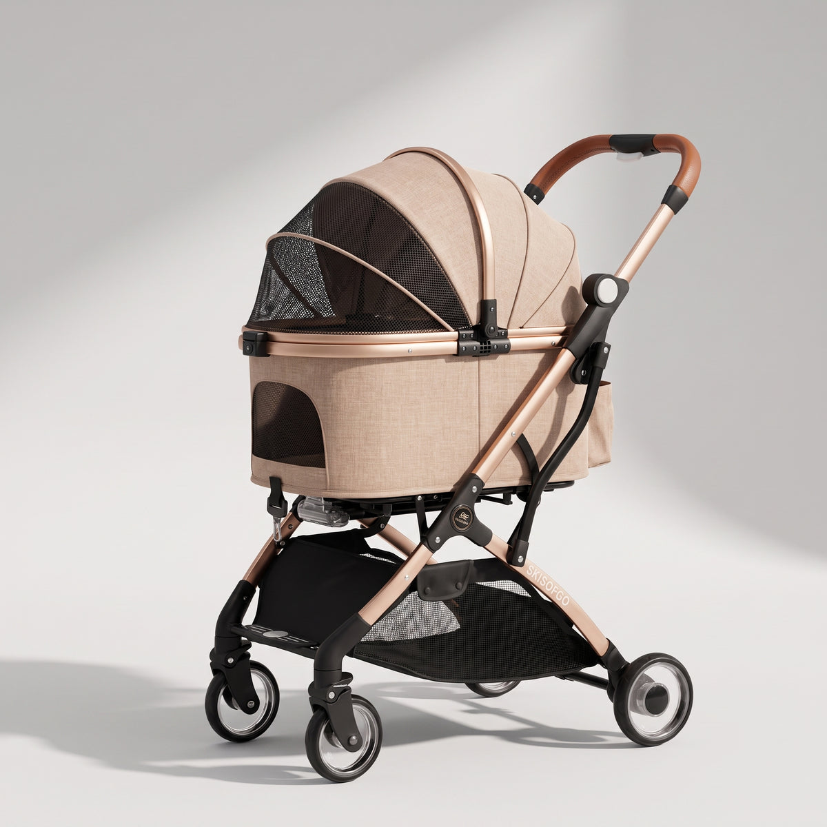 Foldable Dog Stroller, studio photo on a light grey background