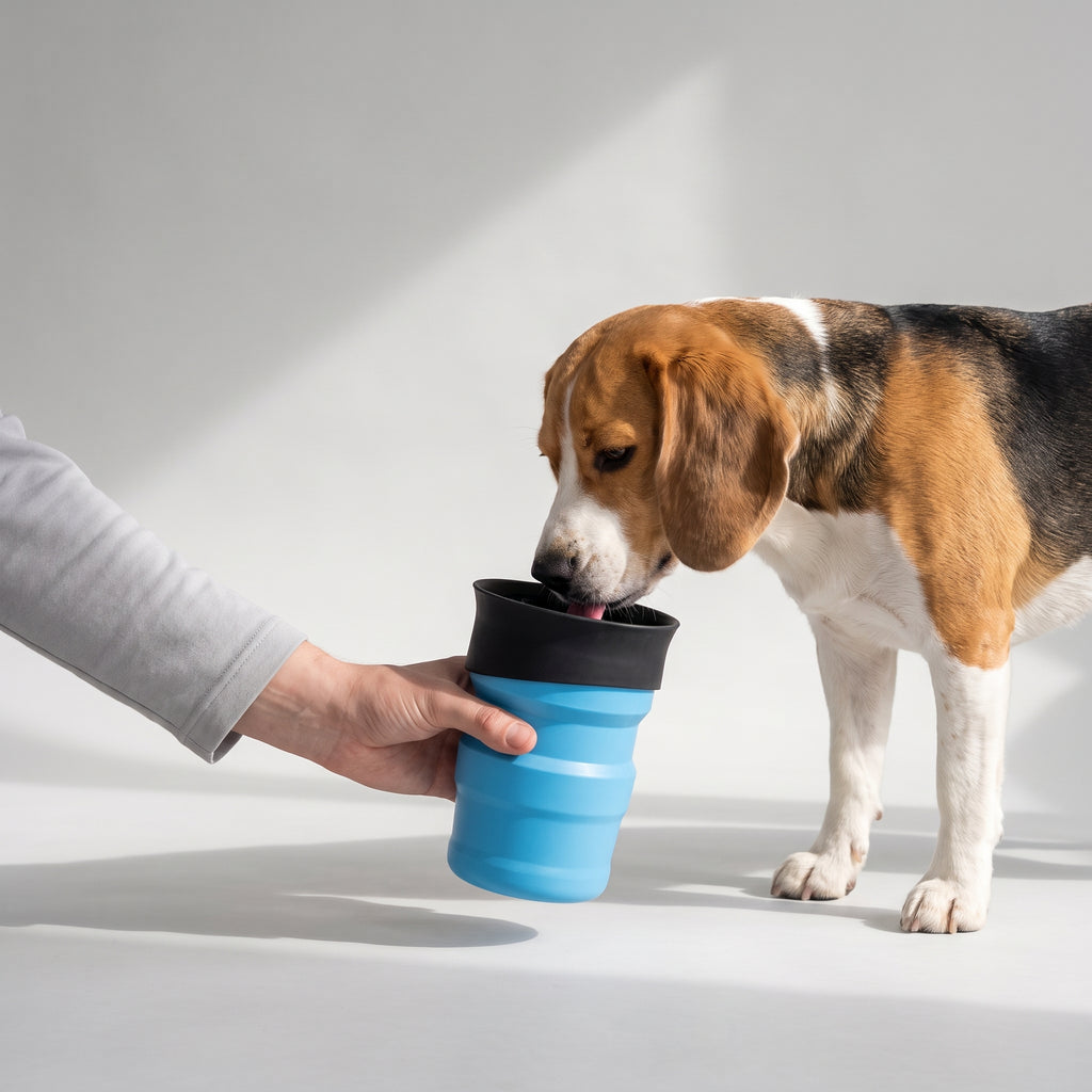 Foldable Dog Water Bottle with a beagle, studio photo