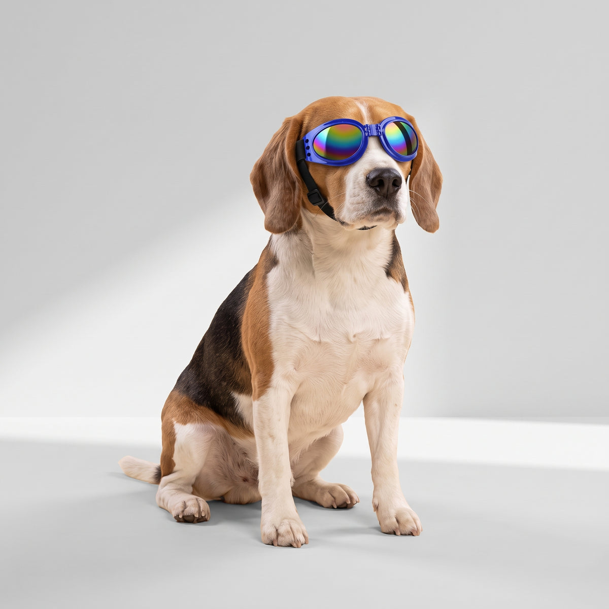 Folding Dog Goggles Sunglasses with a beagle, studio photo
