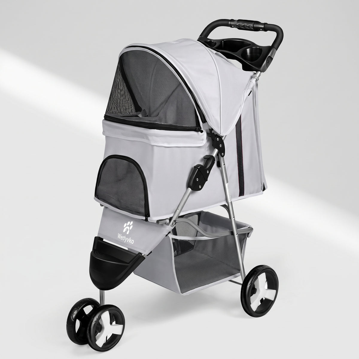 Folding Dog Stroller, studio photo on a light grey background