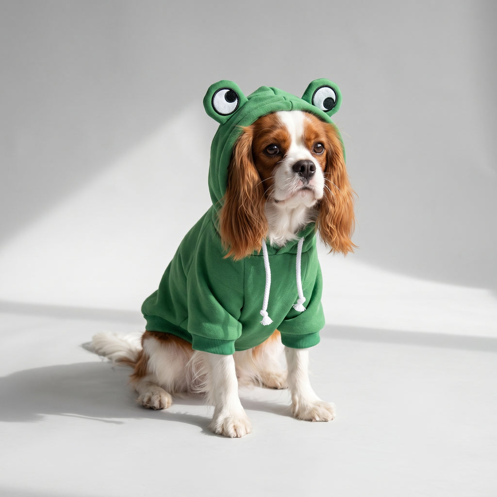 Frog Hoodies For Dog with a Cavalier King Charles, studio photo