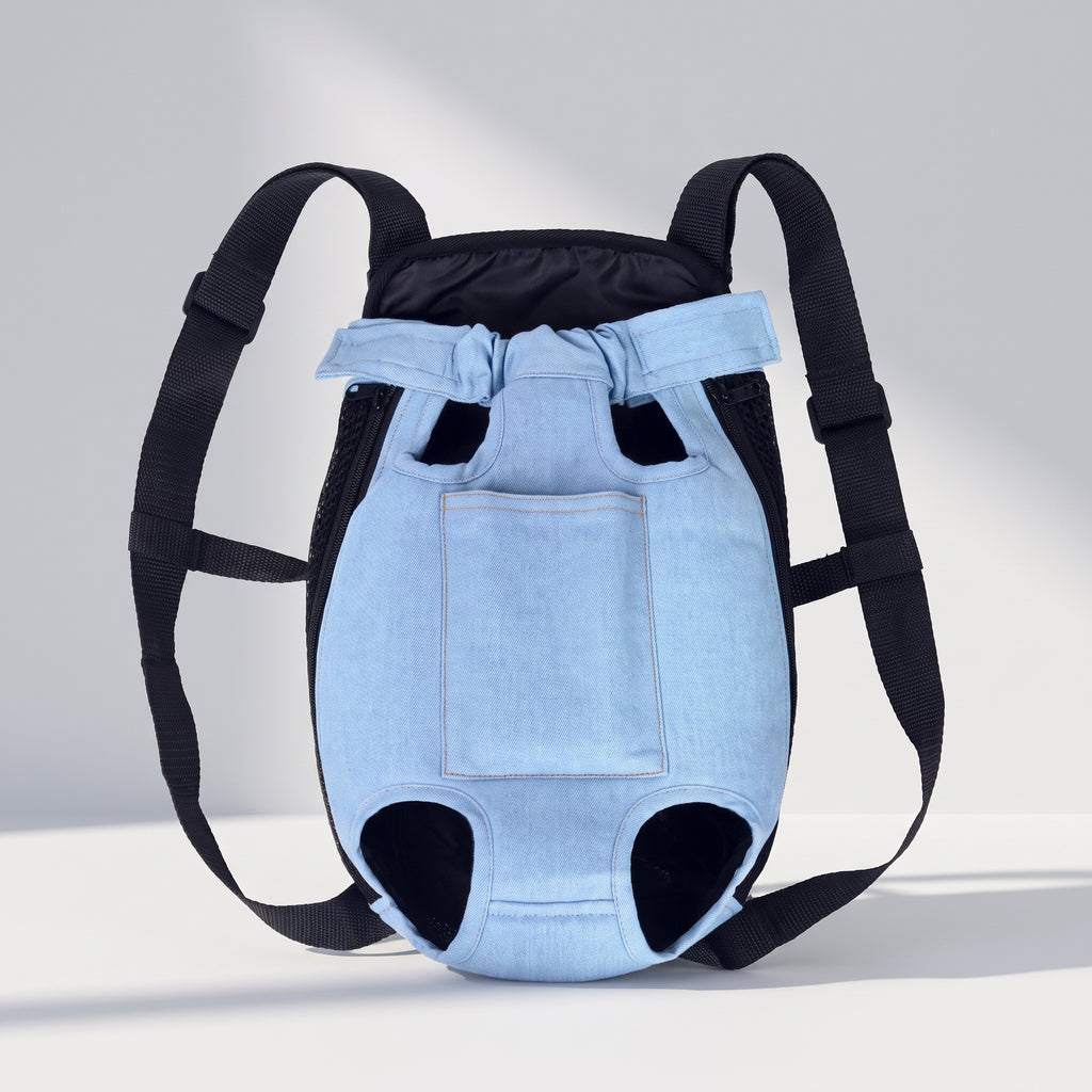 Front Backpack Dog Carrier, studio photo on a light grey background