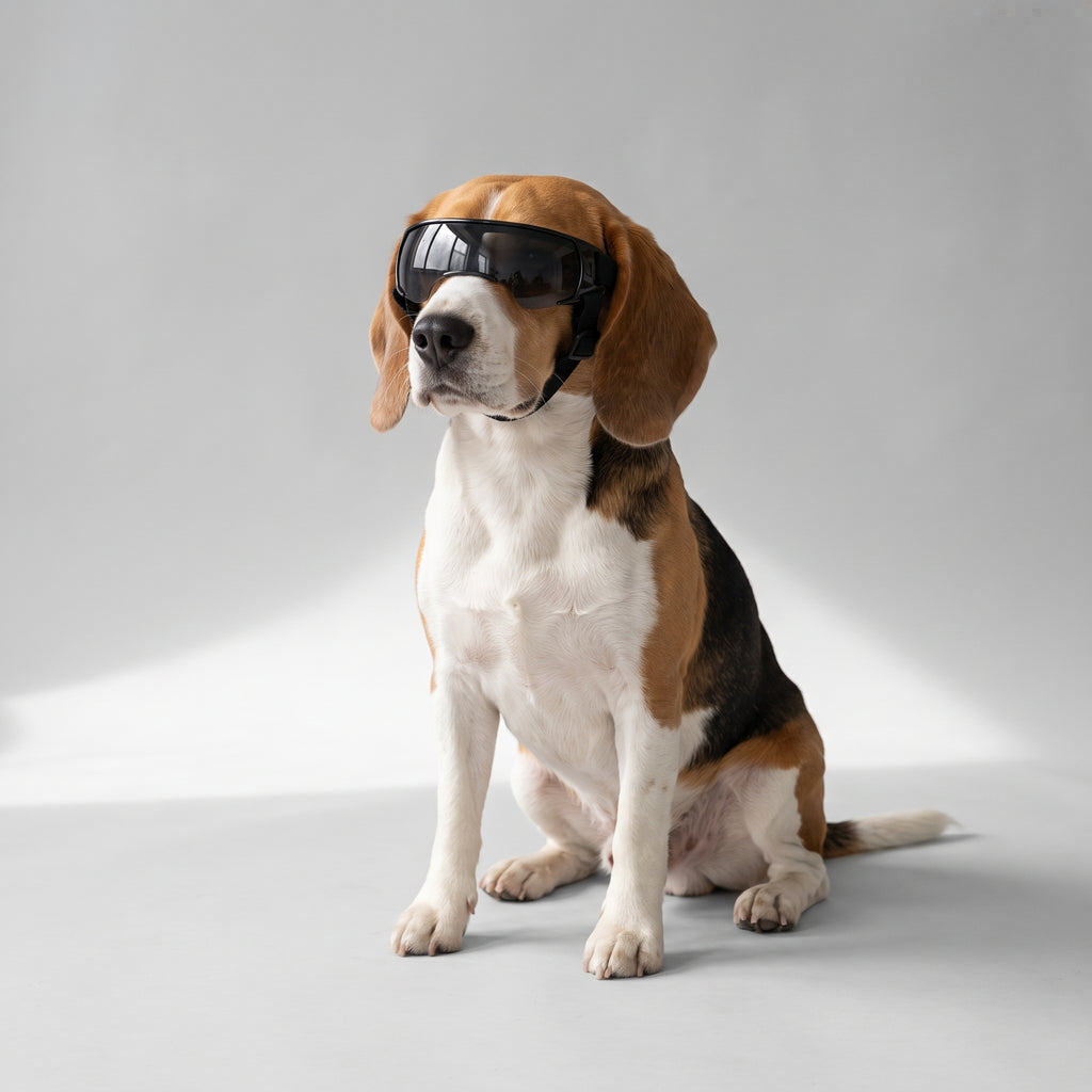 Goggles For Dogs with a beagle, studio photo