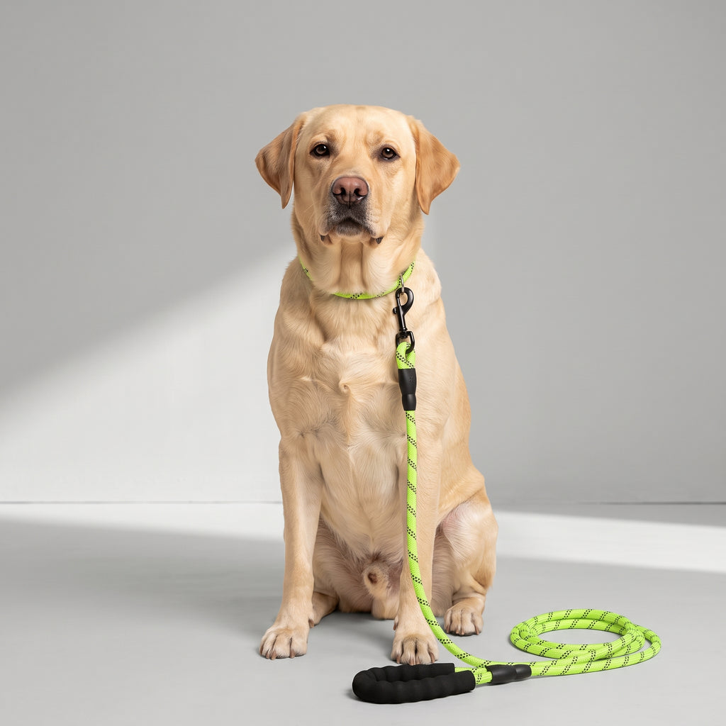 Green Dog Leash with a Labrador, studio photo