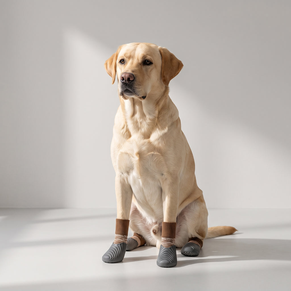 Hiking Dog Shoes with a Labrador, studio photo