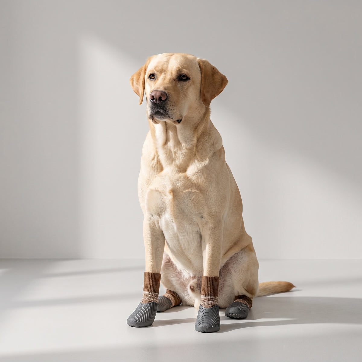 Hiking Dog Shoes with a Labrador, studio photo
