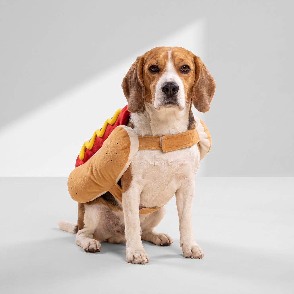 Hot Dog Costume with a beagle, studio photo