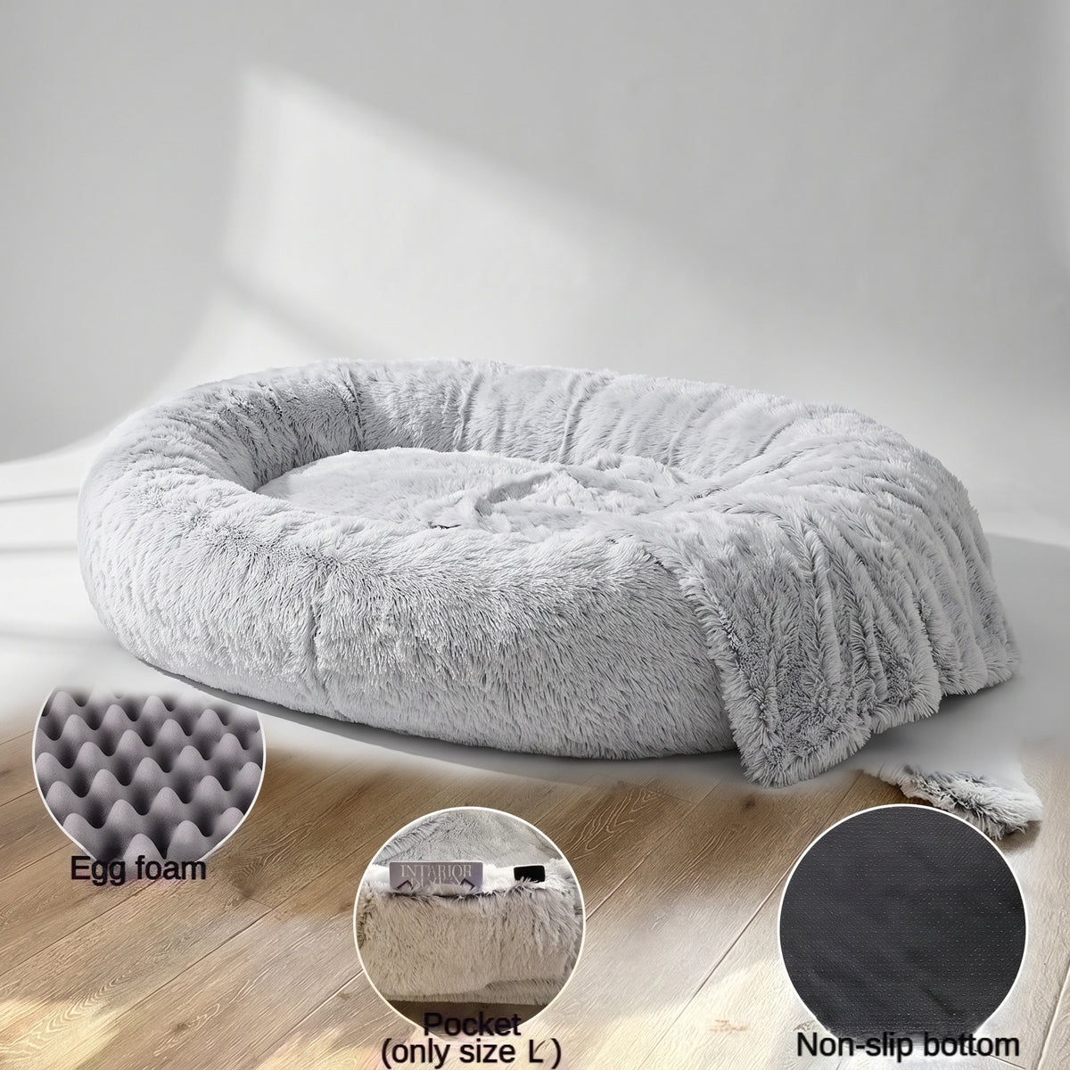 Human Dog Bed, studio photo on a light grey background