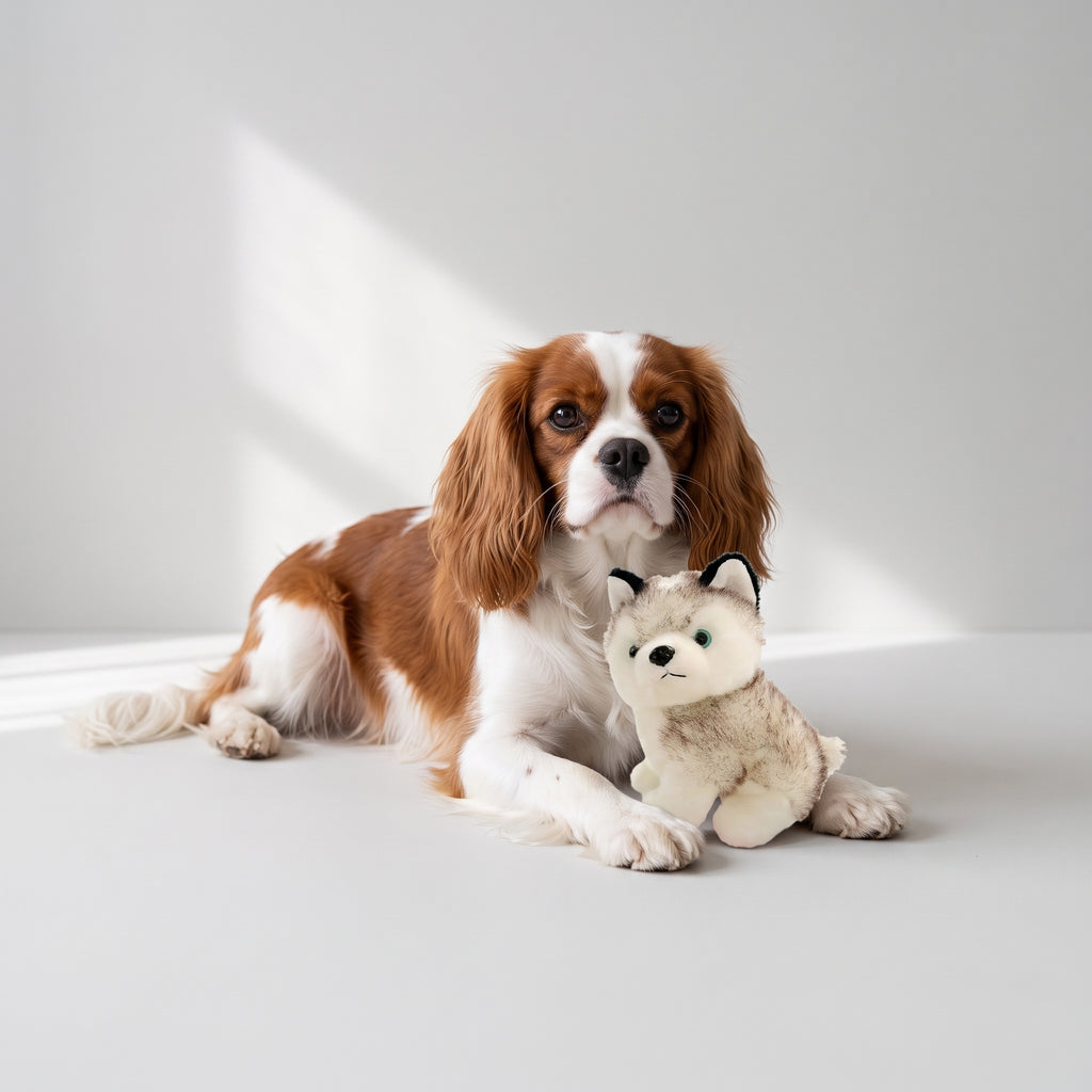 Husky Dog Plush Toy with a Cavalier King Charles, studio photo