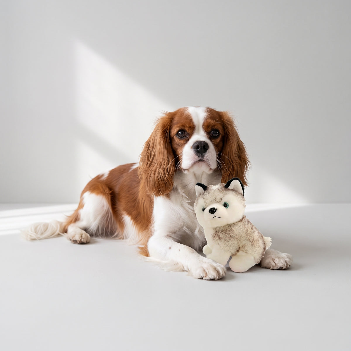 Husky Dog Plush Toy with a Cavalier King Charles, studio photo