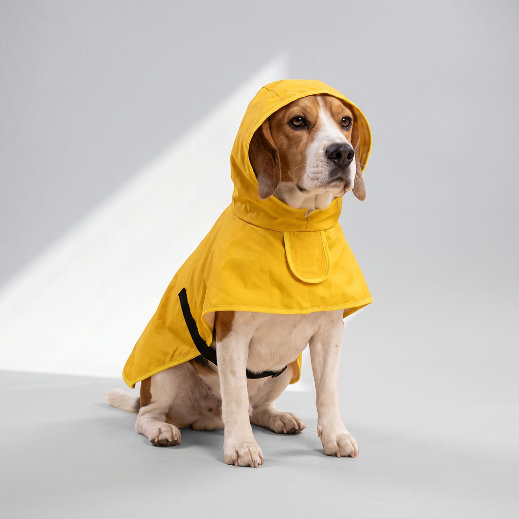 Impermeable Big Dog Raincoat with a beagle, studio photo