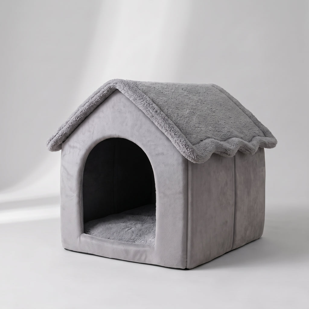 Indoor Dog House Bed with Soft Velvet, studio photo on a light grey background