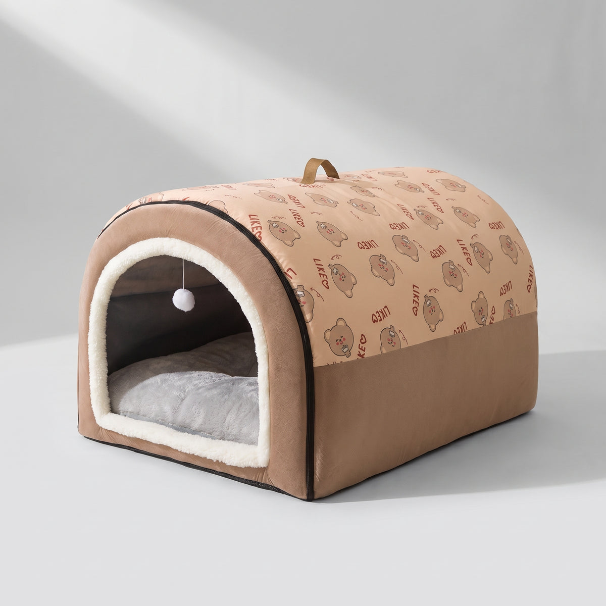 Indoor Dog House Bed, Covered and Cozy, studio photo on a light grey background