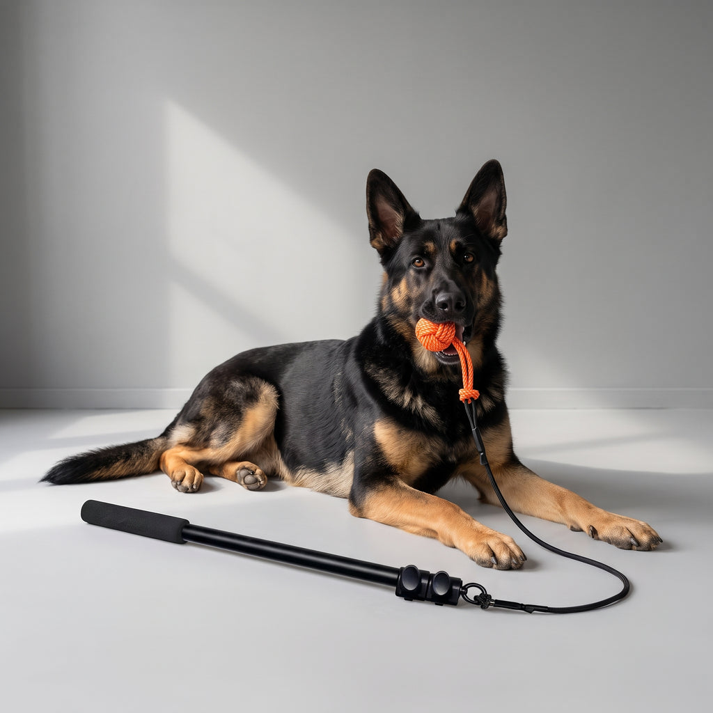 Interactive chew toys for dogs with extendable pole with a German Shepherd, studio photo