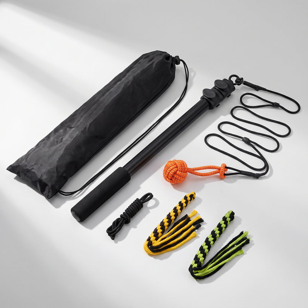 Interactive chew toys for dogs with extendable pole, studio photo on a light grey background