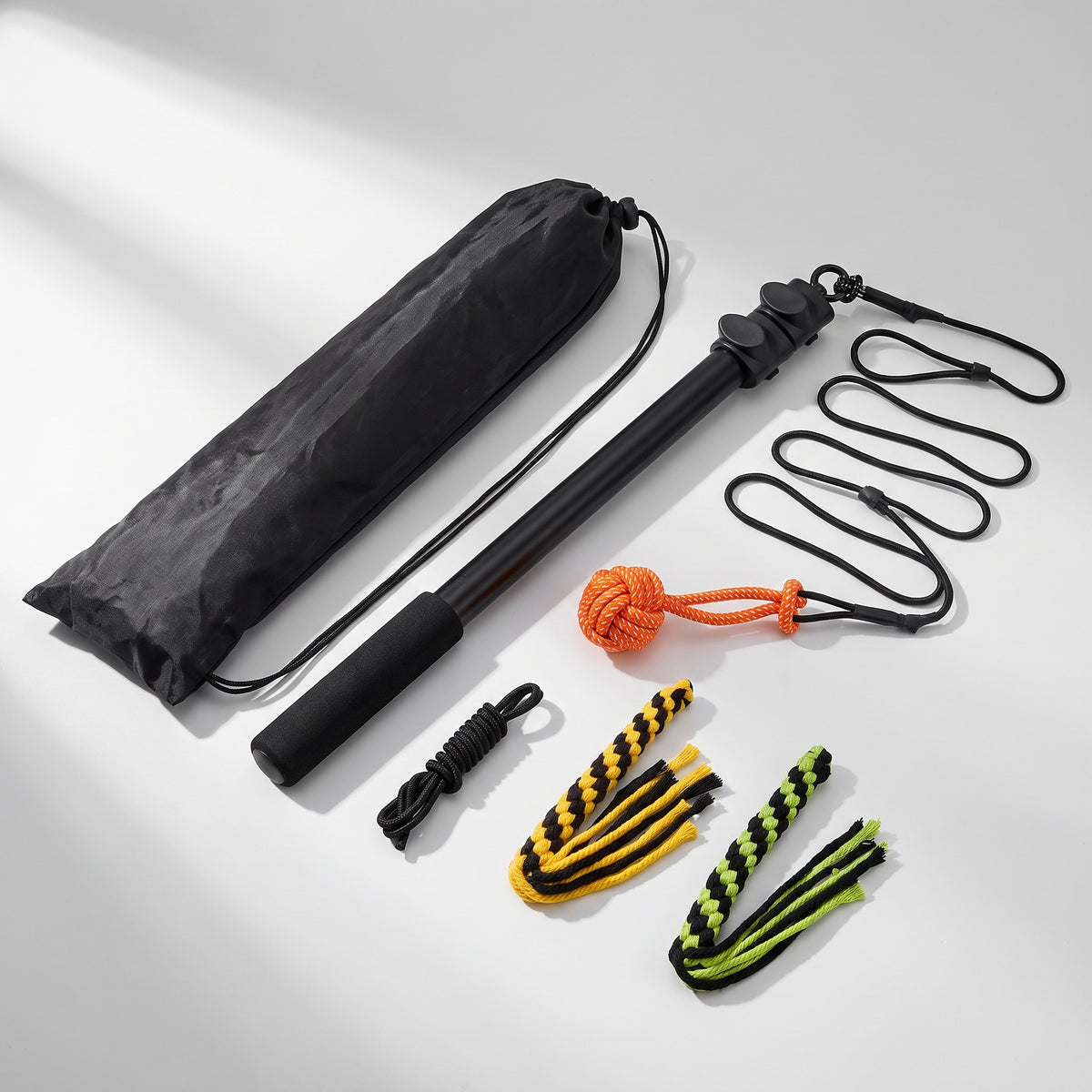 Interactive chew toys for dogs with extendable pole, studio photo on a light grey background