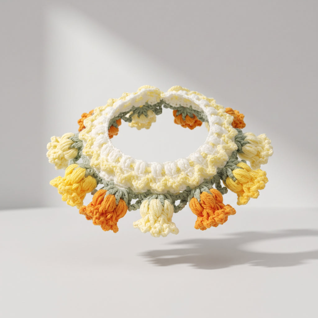 Knitted Dog Collar, studio photo on a light grey background