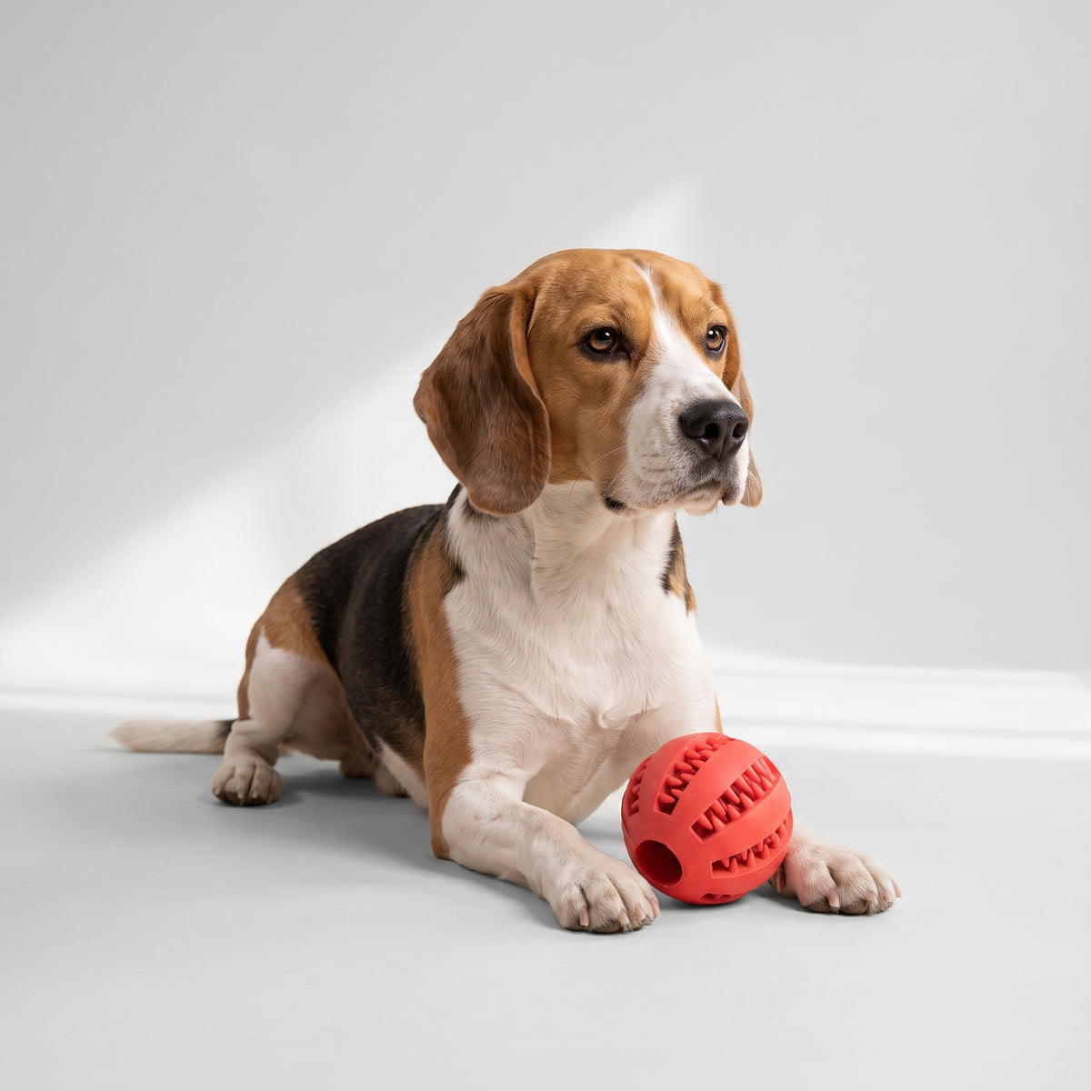 Dental Chew Ball for Aggressive Chewers with a beagle, studio photo