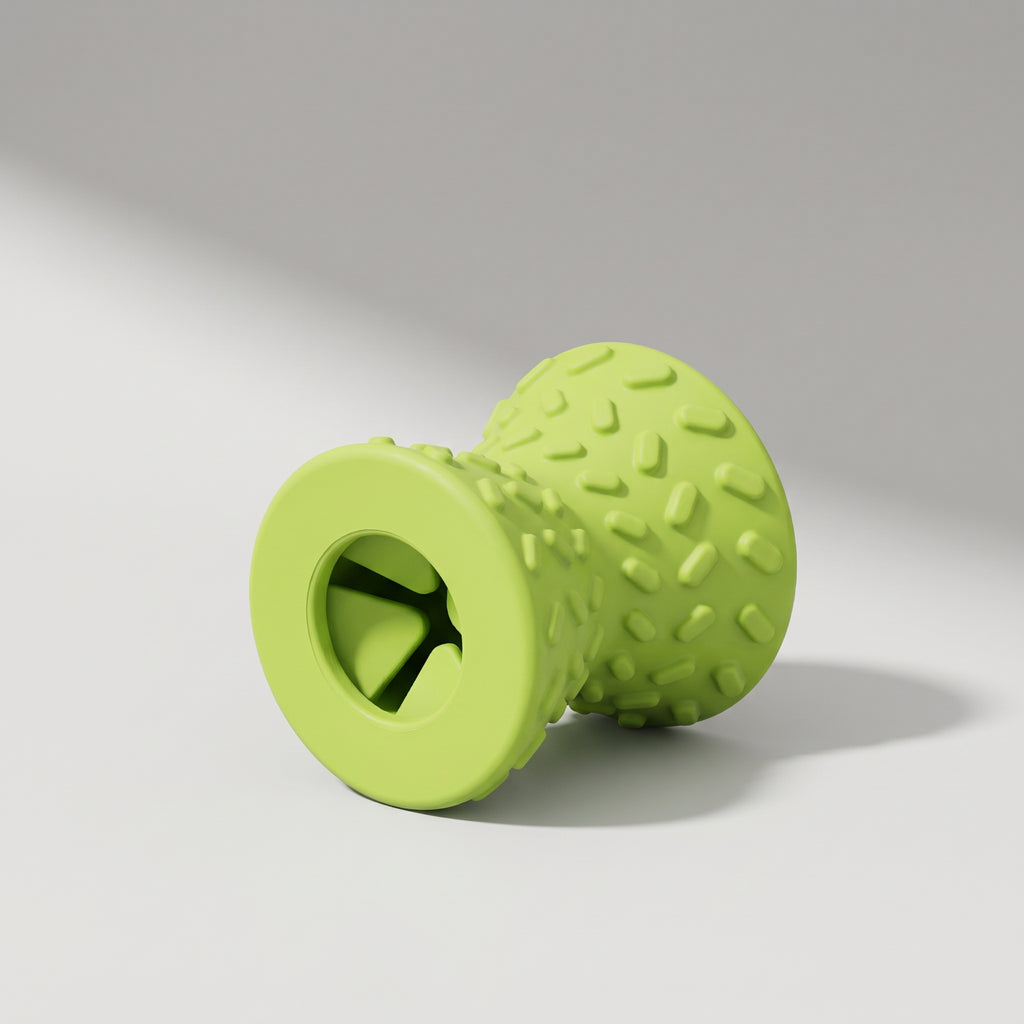 Durable Dog Chew Toy in Green or Orange, studio photo on a light grey background