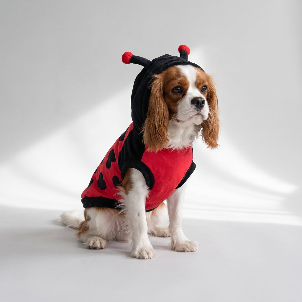 Ladybug Dog Costume with a Cavalier King Charles, studio photo