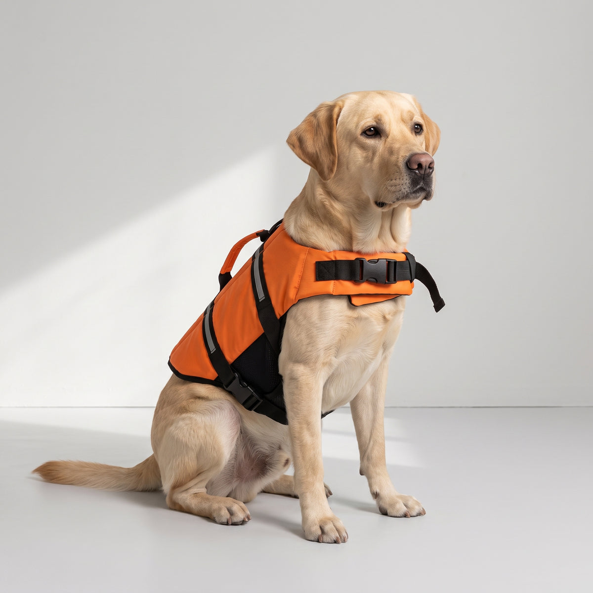Large Dog Life Jacket with a Labrador, studio photo