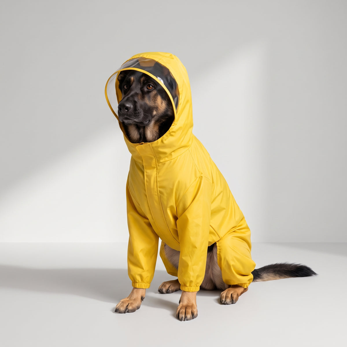 Large Dog Raincoat with a German Shepherd, studio photo