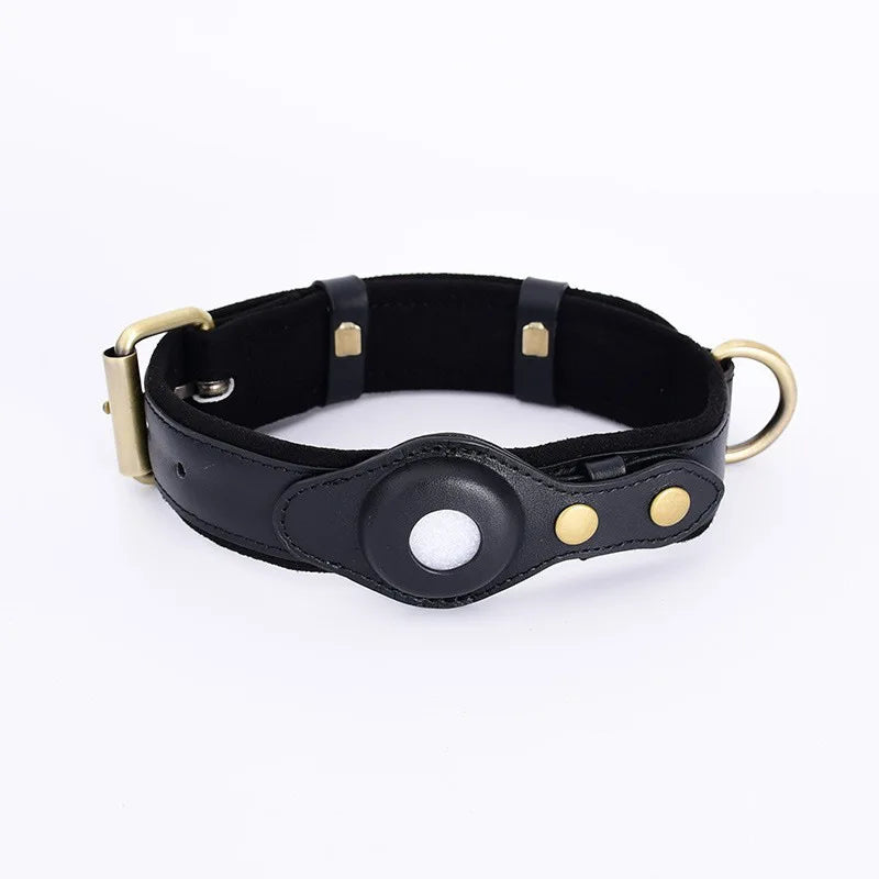 Leather Airtag Dog Collar in Black