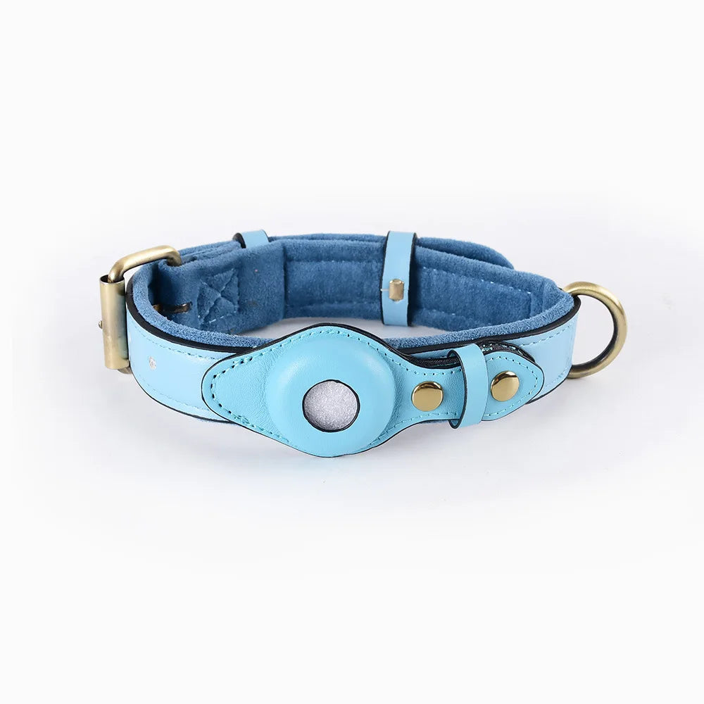 Leather Airtag Dog Collar in Blue